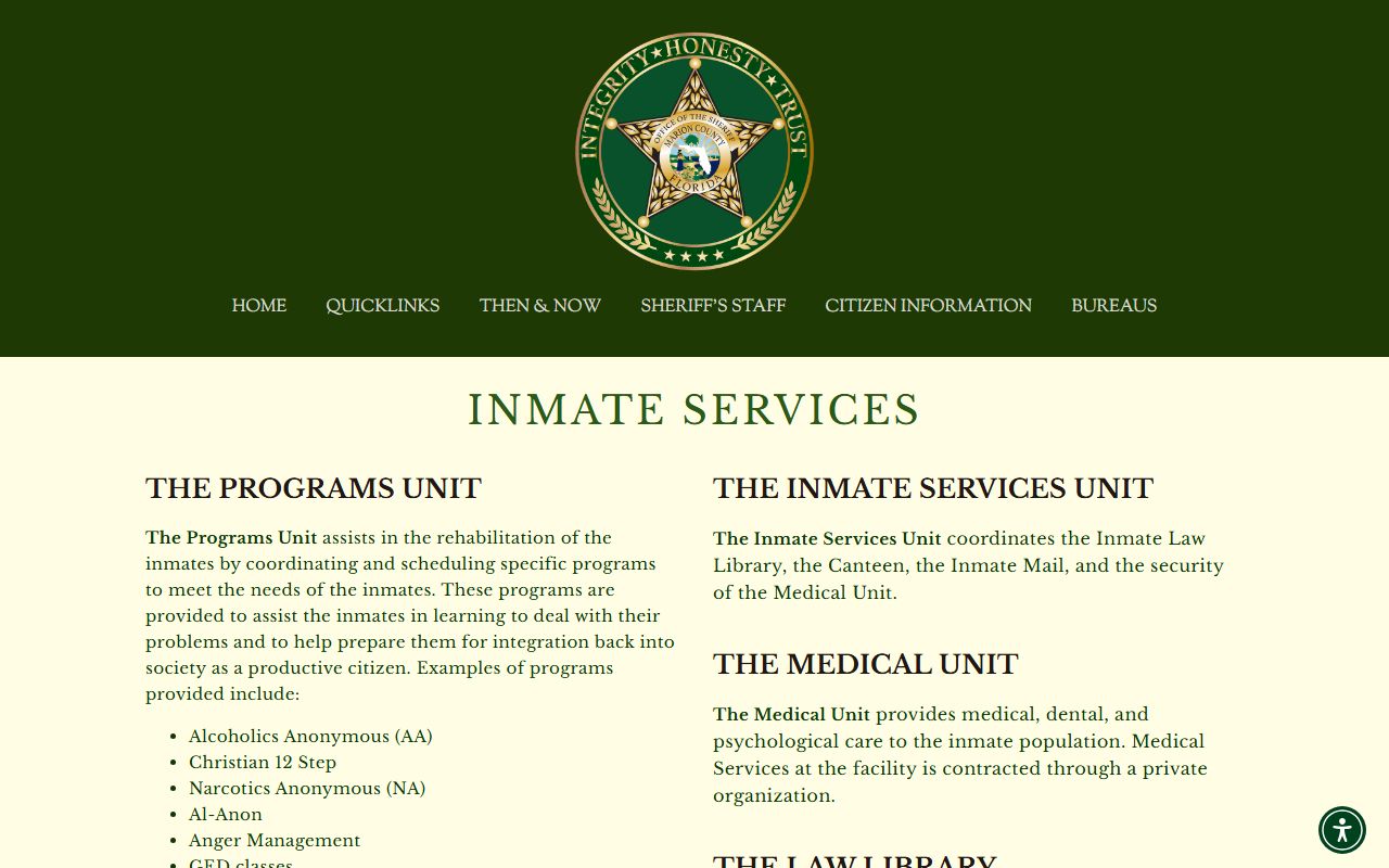 Marion County jail inmate services page showing phone, mail, canteen, and deposit options