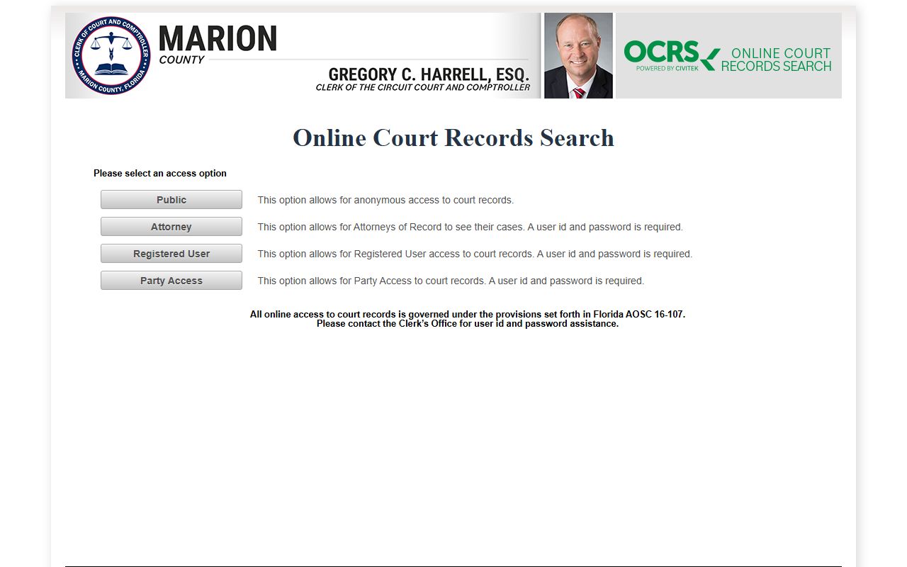 Marion County OCRS court records search portal showing access tiers after a jail arrest