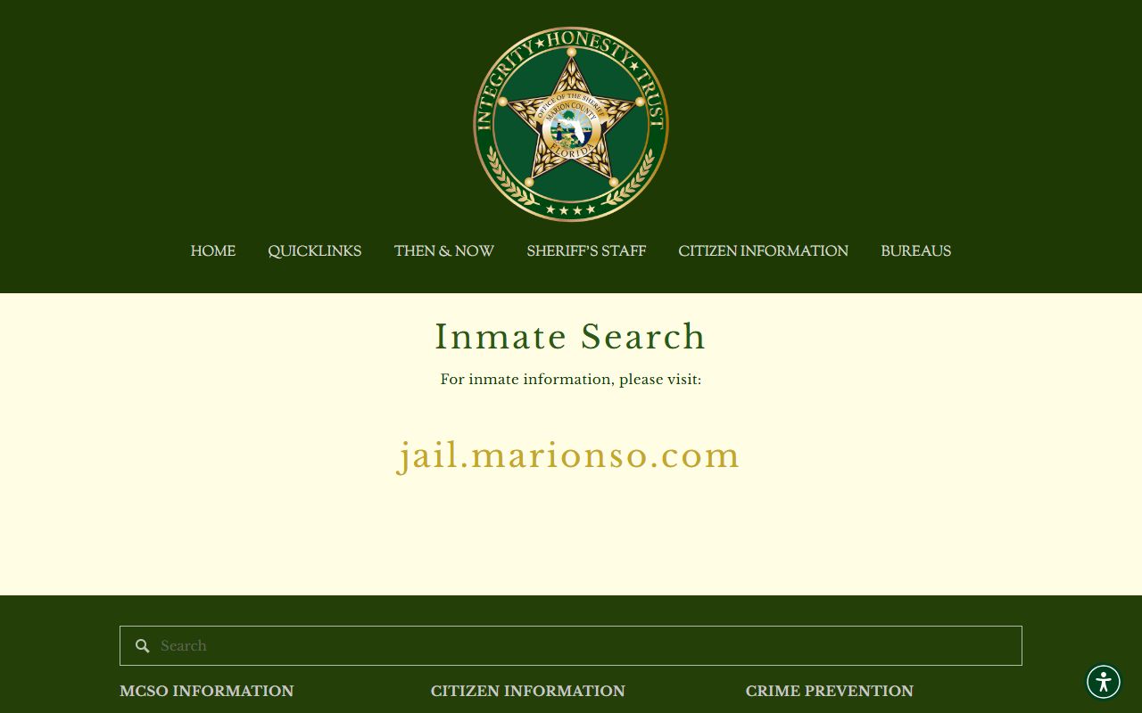 Official Marion County Sheriff's Office inmate search landing page for the jail roster