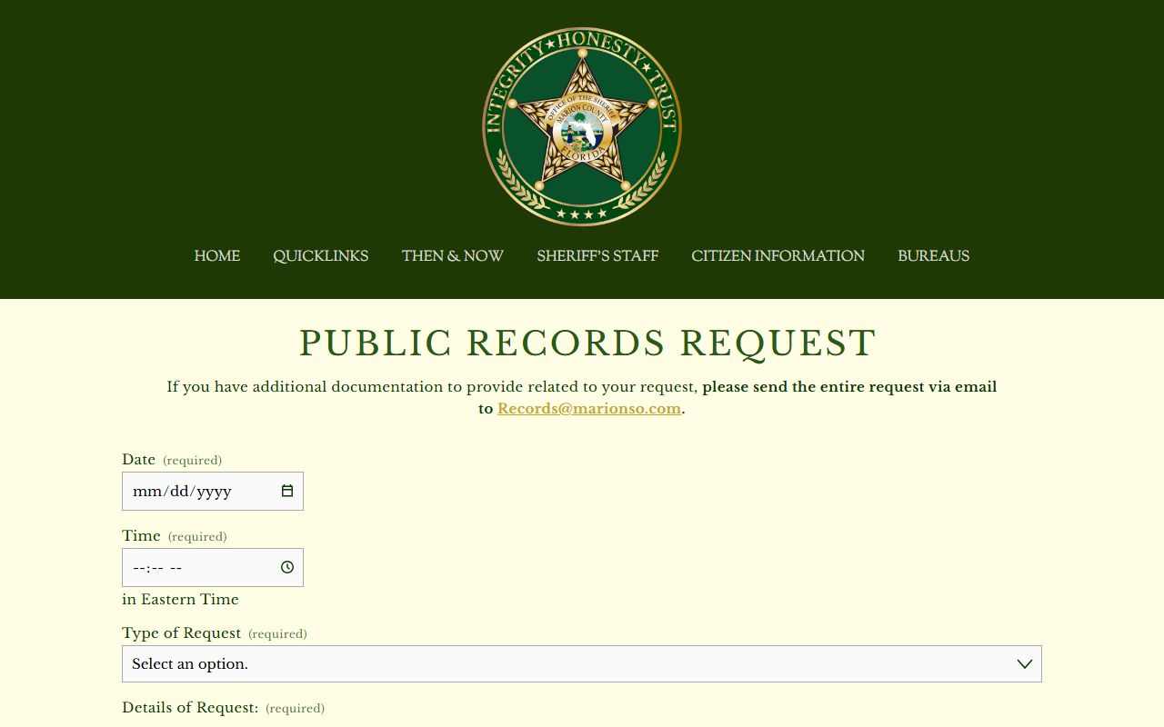 Marion County Sheriff's Office public records request form used to request a booking photo