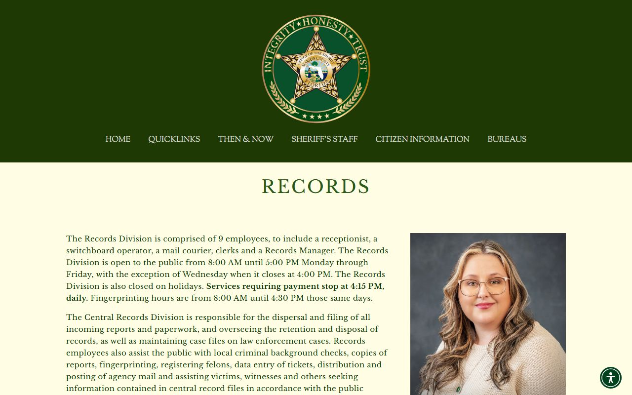 Marion County Sheriff's Office records request page with channels and fees for inmate records