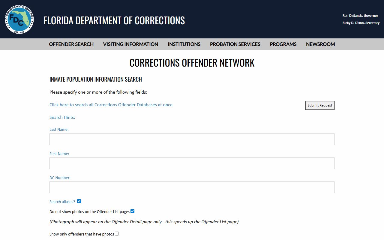 Florida Department of Corrections offender search form for sentenced Marion County inmates