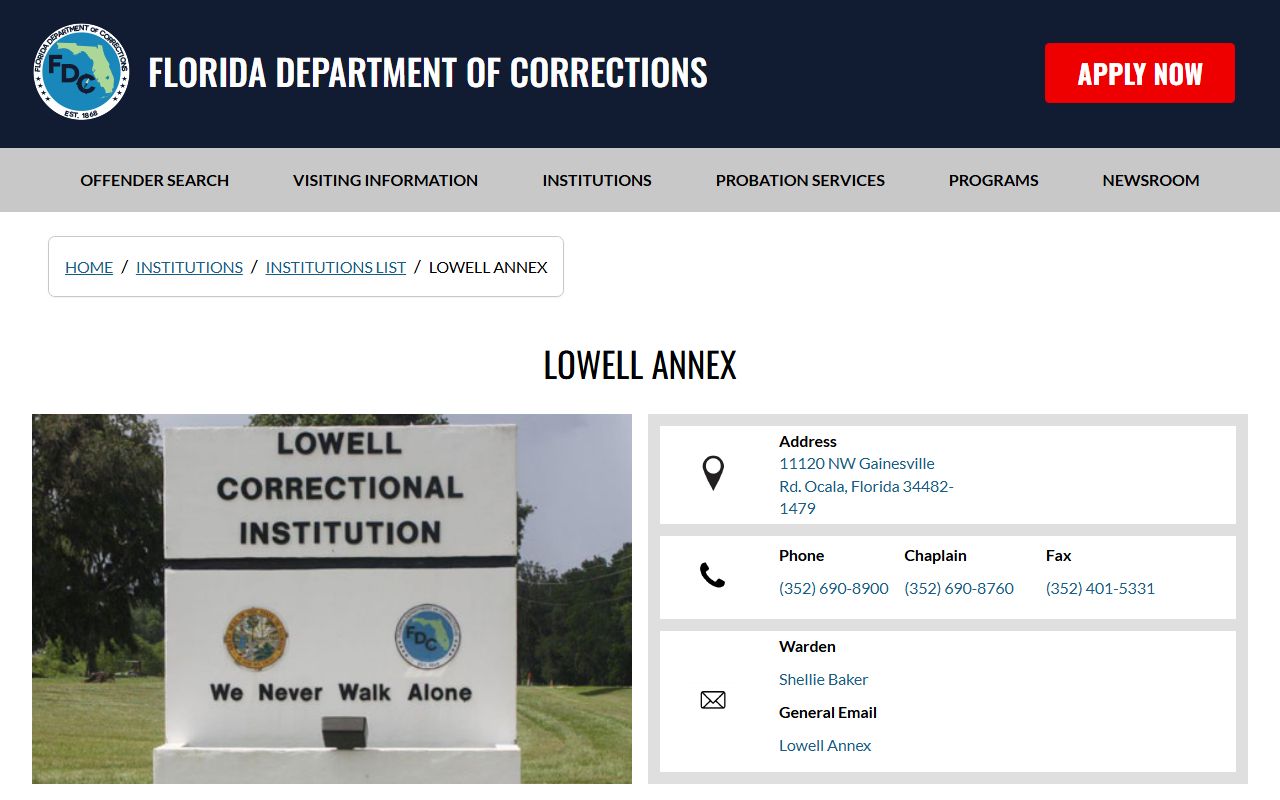 Lowell Annex facility page for the Marion County women's state prison
