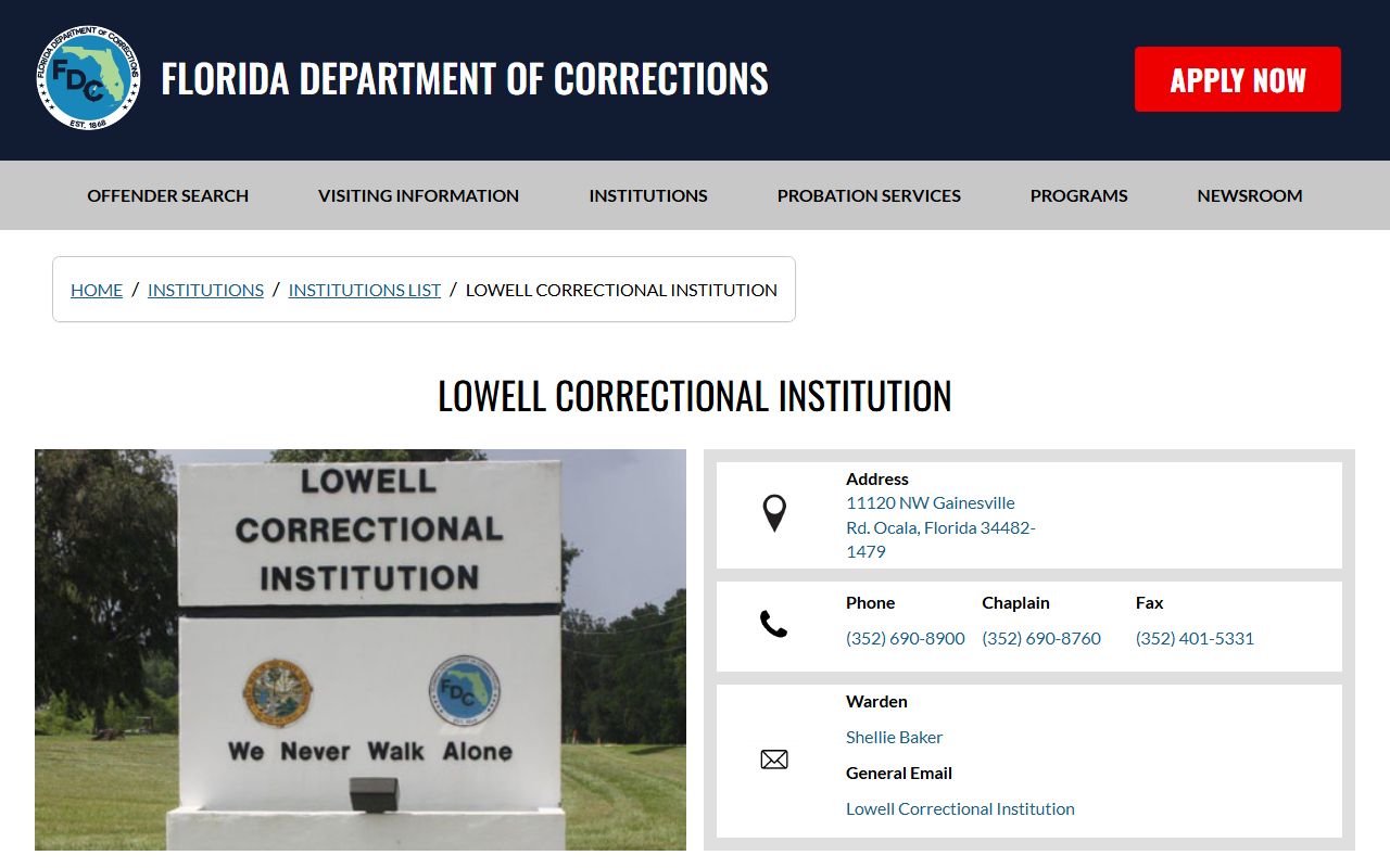 Lowell Correctional Institution facility page for the Marion County women's state prison