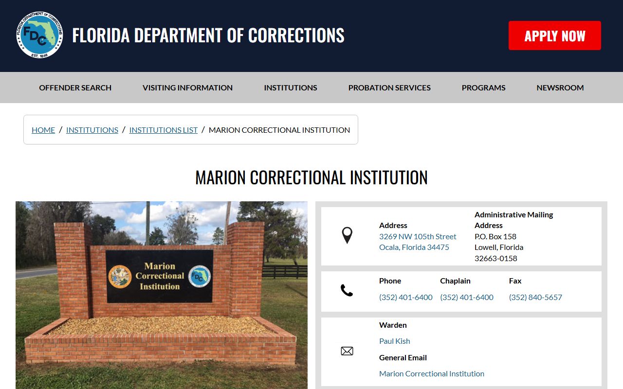 Marion Correctional Institution facility page for the Ocala men's state prison
